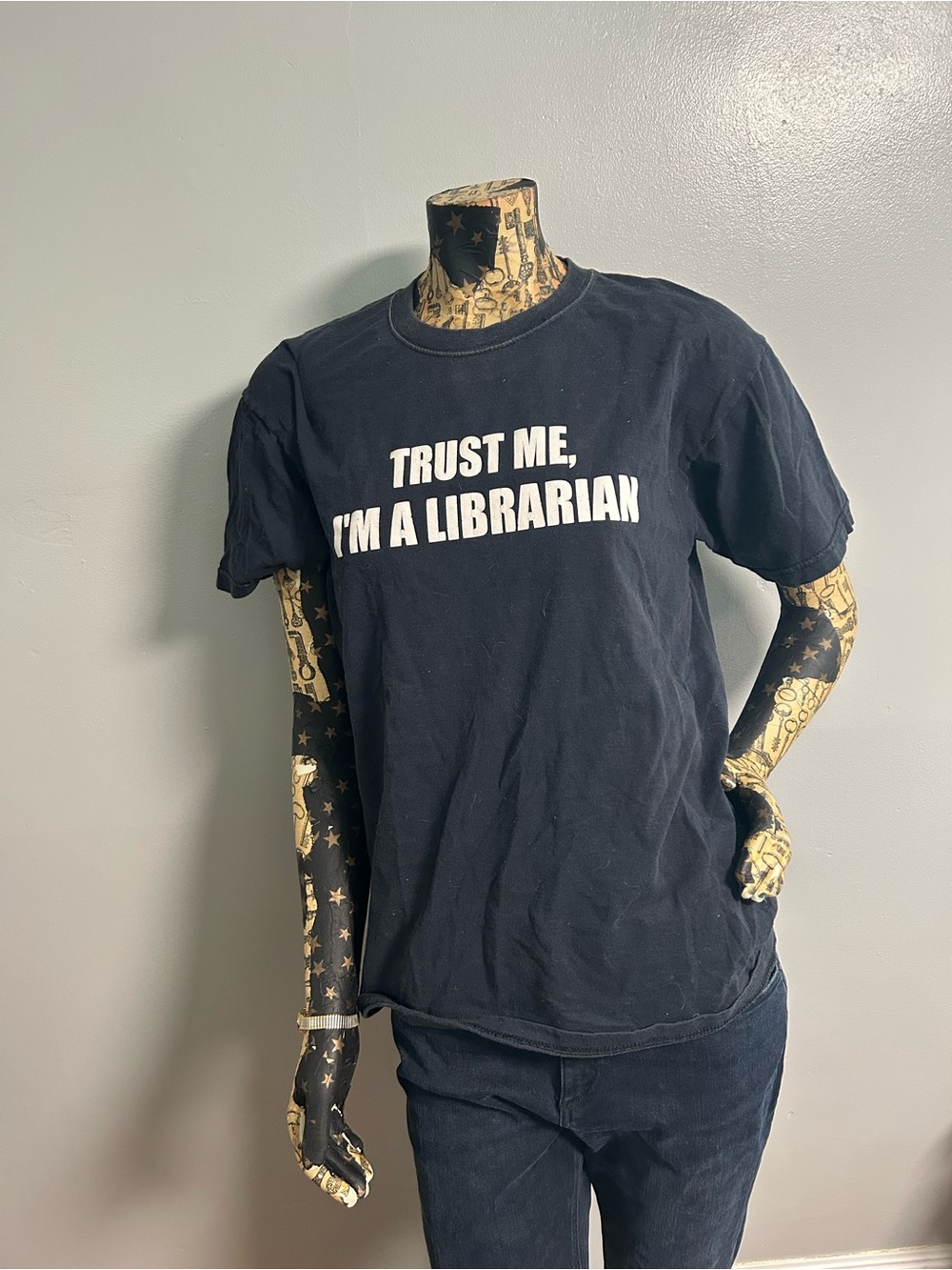 Fruit of the Loom Black Tee with White "Trust Me, I'm a Librarian" Graphic
